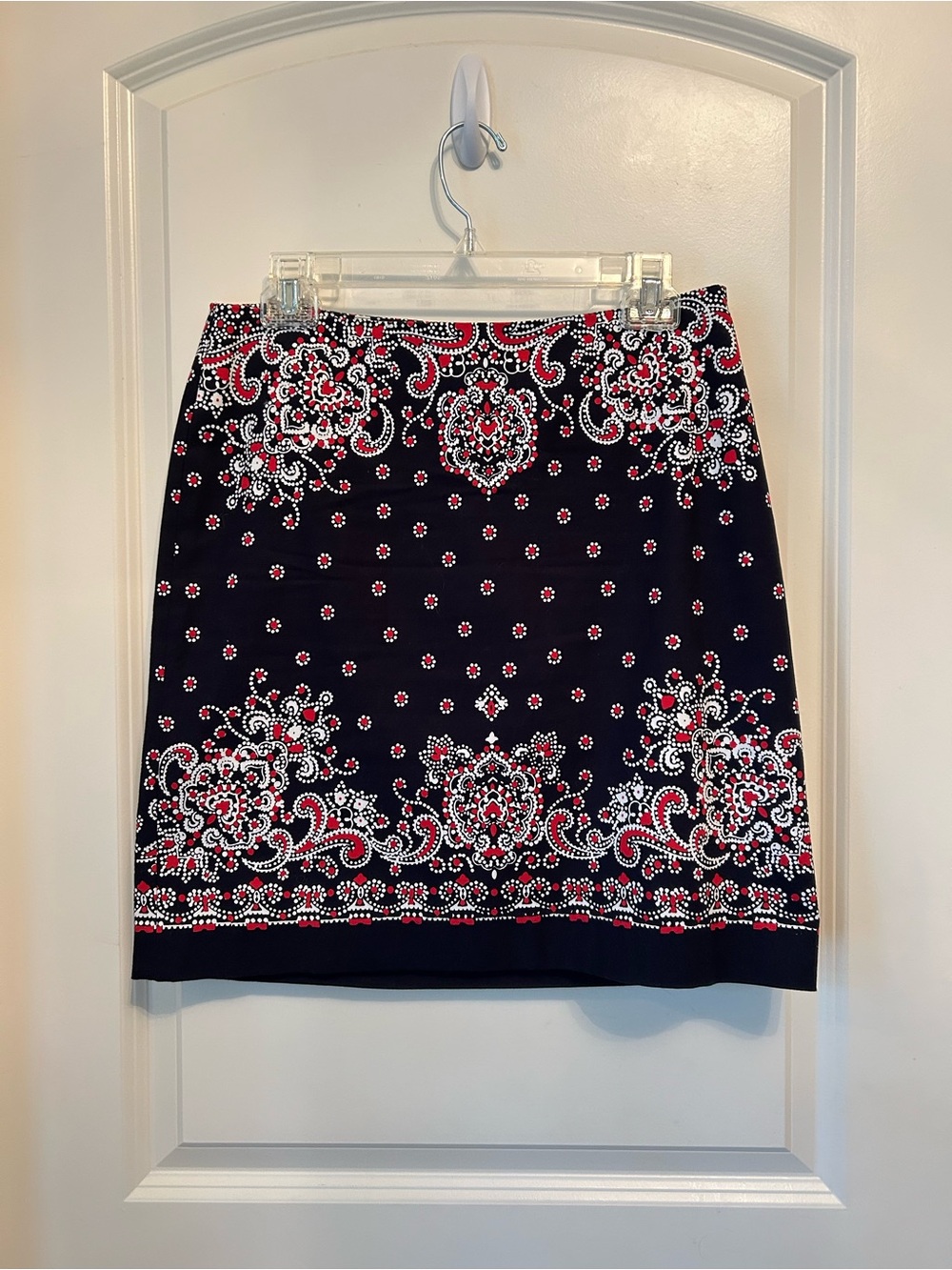 Talbots Petites Cotton Pencil Skirt in Navy, Red and White Bandana-Style Print